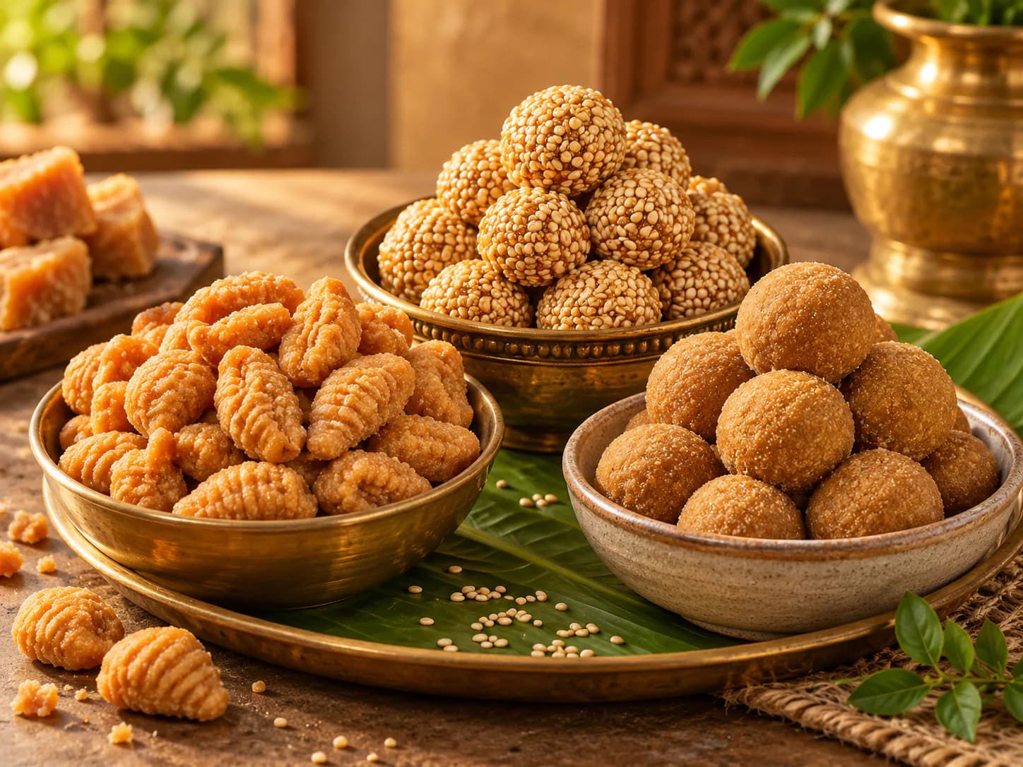 Bellam sweets including gavvalu, sesame undalu and sunnundalu on a brass platter
