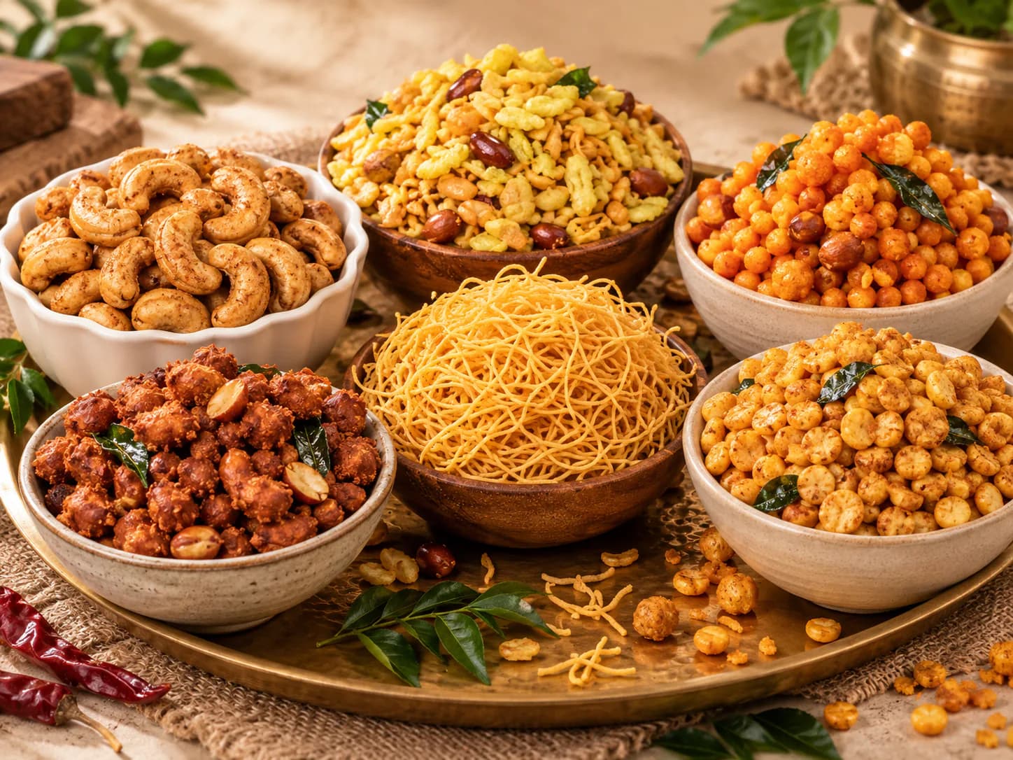 Bowls of Andhra snacks including mixture, boondi, spiced cashews and peanuts