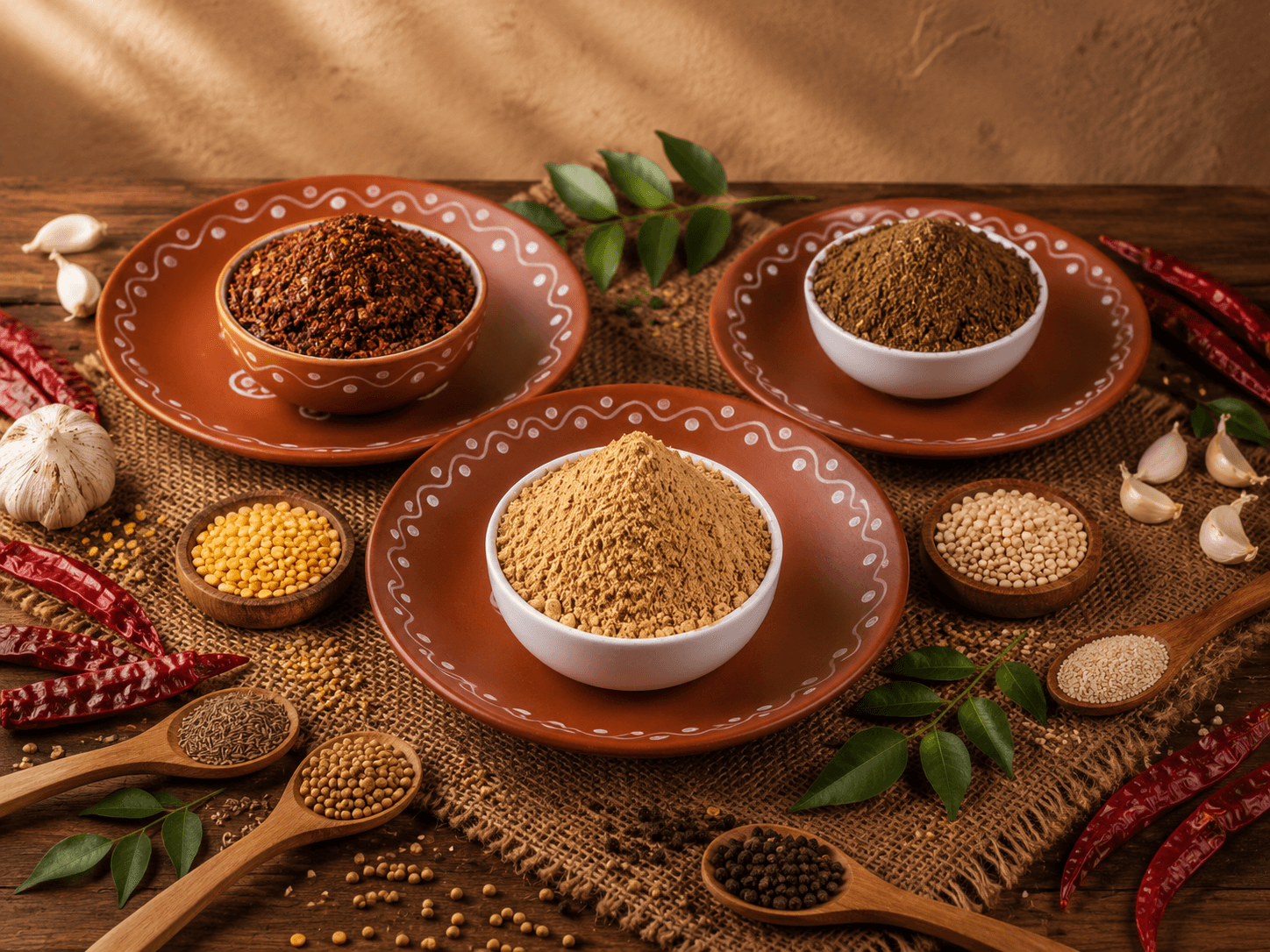 Bowls of roasted lentil and chilli podi powders