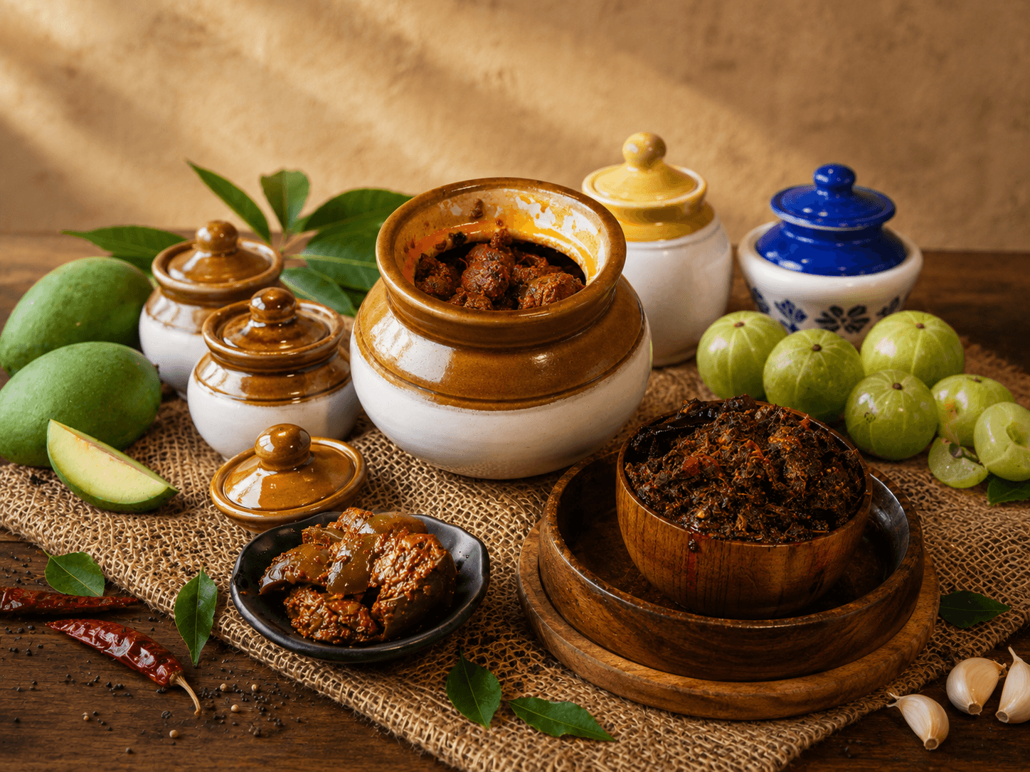 Selection of veg pickle jars including mango and gongura